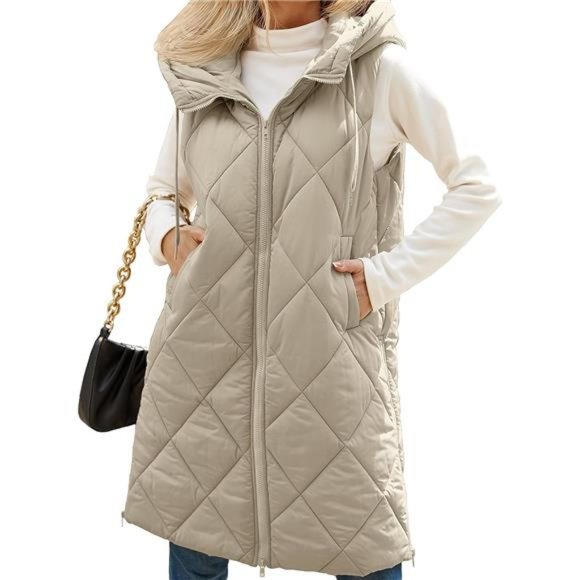 Jackets & Blazers - Women's Sleeveless Quilted Long Puffer Vest Hooded Full Zip Jacket Coat